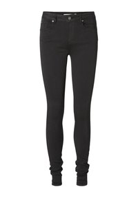Jeans skinnies pretos feitos de denim elástico, com uma cintura média, design de cinco bolsos e um acabamento liso, ligeiramente texturizado.