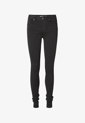 Jeans negros ajustados hechos de denim elástico, con una cintura de altura media, diseño de cinco bolsillos y un acabado suave y ligeramente texturizado.
