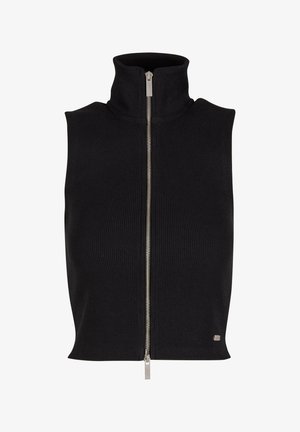 Crna rebrasta majica bez rukava s visokim ovratnikom i srebrnim patentnim zatvaračem. Ima glatku teksturu i mali logo detalj na rubu.