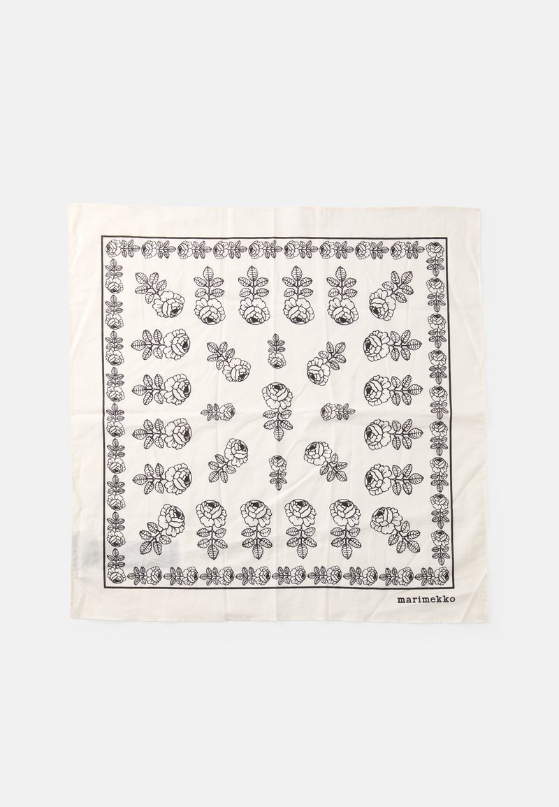 Lenço quadrado branco com padrões florais e de folhas pretas, bordado por uma borda decorativa. Tecido suave com uma textura lisa. Nome da marca visível.