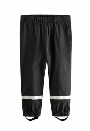 Sorte vandtætte bukser med elastisk talje og manchetter, reflekterende hvide striber over anklerne og fodstropper for sikker pasform.
