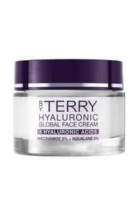 Hyaluronsyragel i en transparent glasburk med ett lila lock. Textdetaljerna inkluderar "8 Hyaluronsyror" och "Niacinamid 5 % + Squalan 5 %".