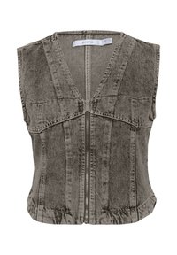 Chaleco de mezclilla gris con escote en V profundo y cierre de cremallera. Presenta un diseño sin mangas y costuras estructuradas para un ajuste entallado.
