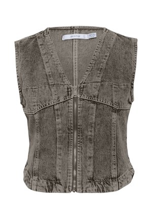 Grey denim vest with a deep V-neck and zipper closure. Features sleeveless design and structured seams for tailored fit.