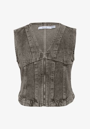 Szürke farmermellény mély V-kivágással és cipzáras záródással. Ujjatlan kialakítással és struktúrált varratokkal rendelkezik a testhezálló illeszkedés érdekében.