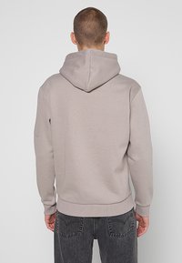 Grijze hoodie met een capuchon en trekkoord, geribbelde manchetten en zoom, zachte textuur en een eenvoudig ontwerp. Achteraanzicht, geen zichtbare logo's of patronen.