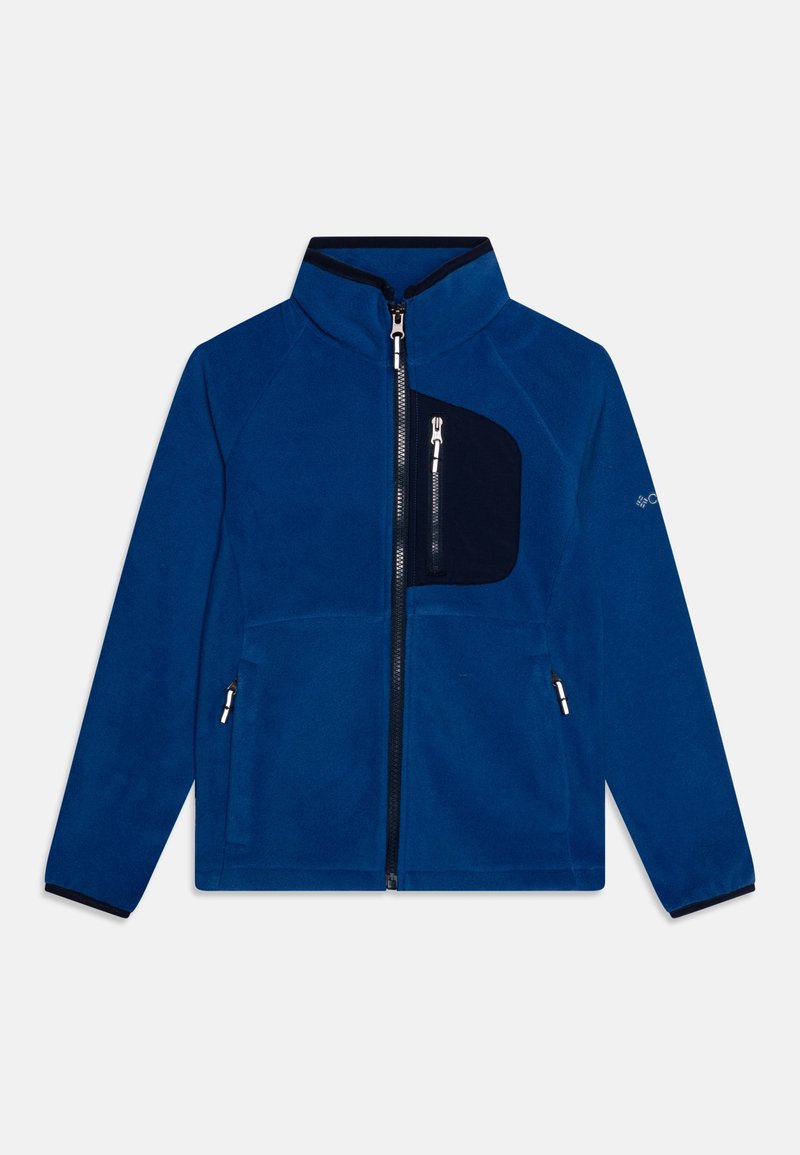 Blue fleece jacket with a high collar, front zipper, and a black accent pocket. Features side pockets and contrasting cuffs. Soft texture.