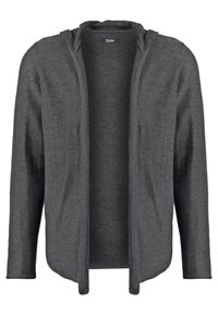 Grå, långärmad cardigan med huva, med en mjuk, stickad textur och en öppen design fram. Etikett synlig inuti kragen.