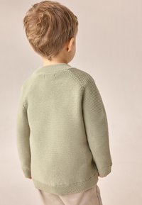 Pull vert clair en maille avec texture côtelée, encolure arrondie et épaules tombantes ; porté avec un pantalon beige, vu de dos.