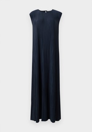 Navy blue pleated sleeveless dress with a crew neck, flowing silhouette, and long length, crafted from textured fabric.