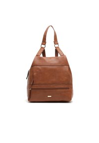 Brown leather backpack with textured finish, zippered compartments, and two adjustable shoulder straps. Gold-tone hardware accents featured.