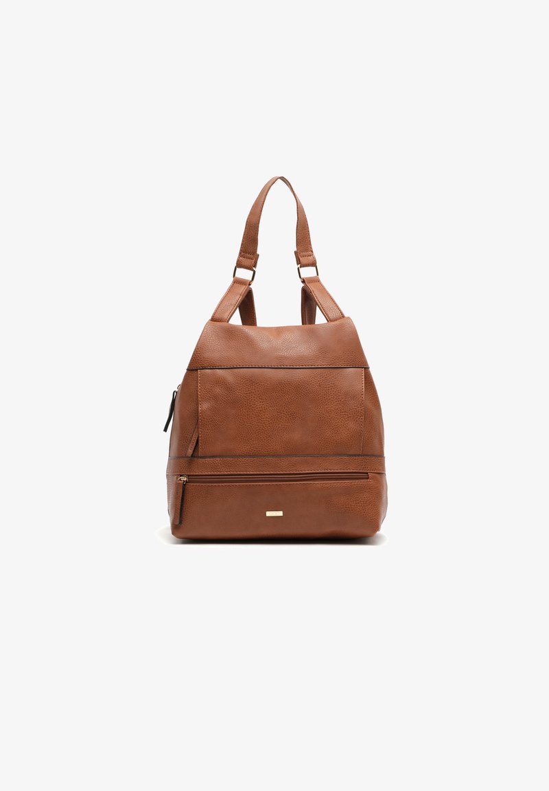 Brauner Leder-Rucksack mit strukturierter Oberfläche, Reißverschlussfächern und zwei verstellbaren Schulterriemen. Akzente in goldfarbener Hardware.