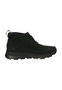 Botas negras hasta el tobillo con tela texturizada, suelas de goma y diseño con cordones. Presenta una lengüeta en bucle y acentos lisos en los laterales.