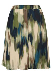 Jupe évasée en tissu léger avec un motif abstrait en vert, bleu et beige. Taille élastique avec texture douce.