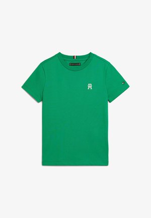 Grøn Tommy Hilfiger T-shirt med korte ærmer med lille hvidt TH-logo på brystet og lille flaglogo på venstre ærme.