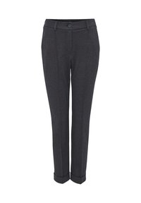 Grå, skräddarsydda byxor gjorda av ett texturerat tyg. Har en frontknappstängning, fickor och manschetter för en ren finish.