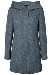 Grey wool blend coat with a hood, featuring a straight cut, long sleeves, and a front fastening without visible closures. Soft texture.