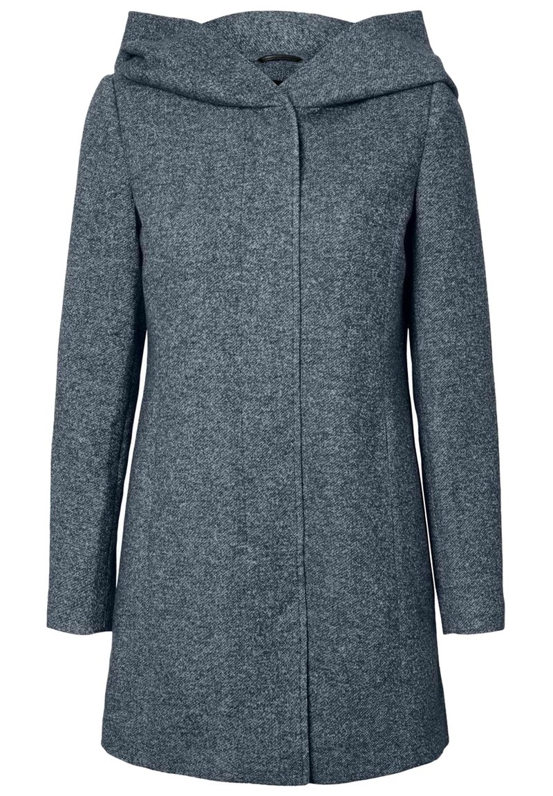 Grey wool blend coat with a hood, featuring a straight cut, long sleeves, and a front fastening without visible closures. Soft texture.