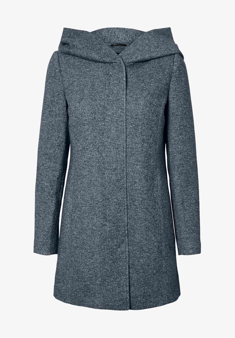 Grey wool blend coat with a hood, featuring a straight cut, long sleeves, and a front fastening without visible closures. Soft texture.