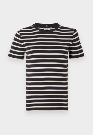 Schwarz-weiße gestreifte Kurzarm-T-Shirt mit Rundhalsausschnitt und kleinem Logo auf der linken Brust. Aus Baumwollmaterial. Weicher Griff.