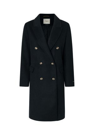 Divrindas melns vilnas mētelis ar iegrieztu apkakli, zelta krāsas pogām, sānu kabatām un garām piedurknēm. Gluda tekstūra un pielāgota forma.