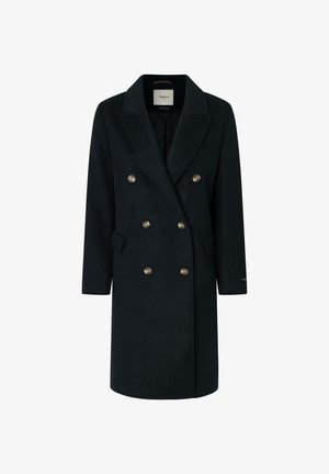 Divrindas melns vilnas mētelis ar iegrieztu apkakli, zelta krāsas pogām, sānu kabatām un garām piedurknēm. Gluda tekstūra un pielāgota forma.