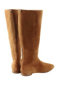 Brown suede knee-high boots with a pointed toe, featuring a flat heel and decorative hardware at the top. Smooth texture with clean lines.