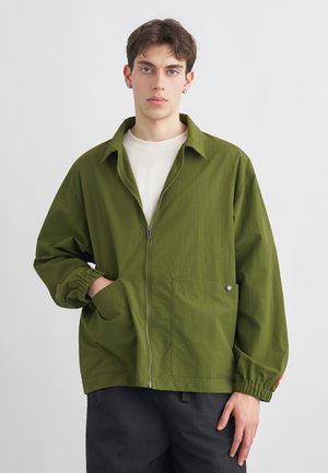 Giovane uomo con capelli corti castani che indossa una giacca oliva con zip sopra una camicia bianca, in piedi contro uno sfondo chiaro e uniforme.