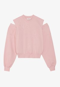 Rosa verkürzter Pullover mit schulterfreiem Design, langen Puffärmeln, geripptem Saum, hergestellt aus weichem Strickstoff mit glatter Textur.