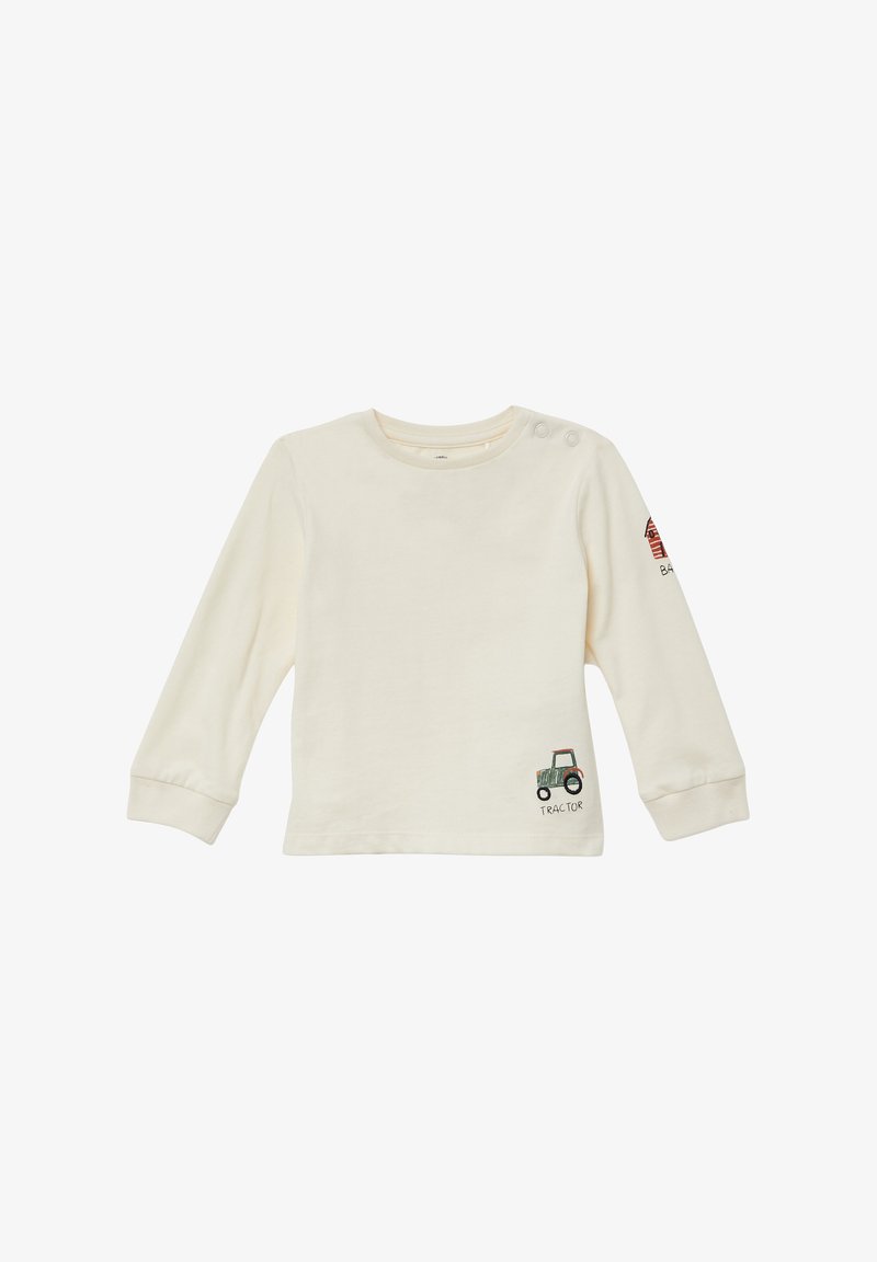 Langarm-Cremefarbenes Baumwollhemd mit einem Traktor-Graphic und dem Text "TRACTOR" auf der Vorderseite, mit Schulterknöpfen für ein einfaches Ankleiden.