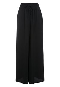 Pantalon ample noir en tissu léger, doté d'une taille élastique avec cordon de serrage pour un ajustement personnalisé et d'une texture lisse.