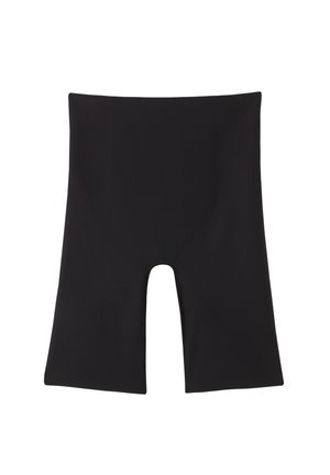 Sorte cykelshorts lavet af glat, strækbart stof. Har en høj talje og en mellemlang længde uden synlige sømme eller pynt.