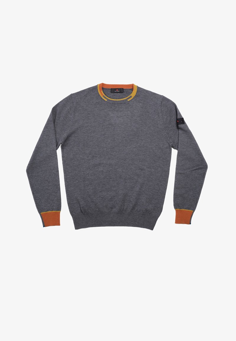 Grijze trui met een ronde hals, voorzien van oranje en gele accenten bij de kraag en manchetten. Zachte textuur en lange mouwen.