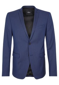 Mörkblå skräddarsydd kavaj med en knappstängning, slagkrage, ficklock och textil med struktur, med svart innerfoder.