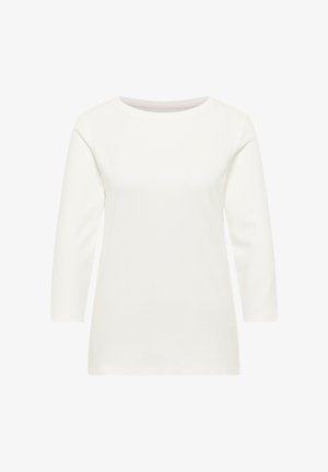 Weißes Langarmoberteil aus glattem Stoff. Verfügt über einen runden Ausschnitt und ein schlichtes Design ohne Muster oder sichtbare Hardware.