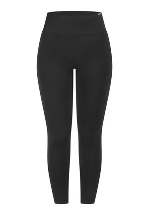 Schwarze Leggings mit hohem elastischem Bund, glatter Textur und figurbetontem Design, geeignet für verschiedene Aktivitäten.