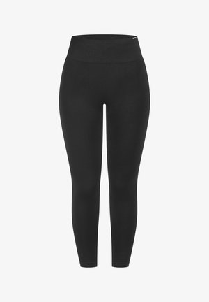 Schwarze Leggings mit hohem elastischem Bund, glatter Textur und figurbetontem Design, geeignet für verschiedene Aktivitäten.