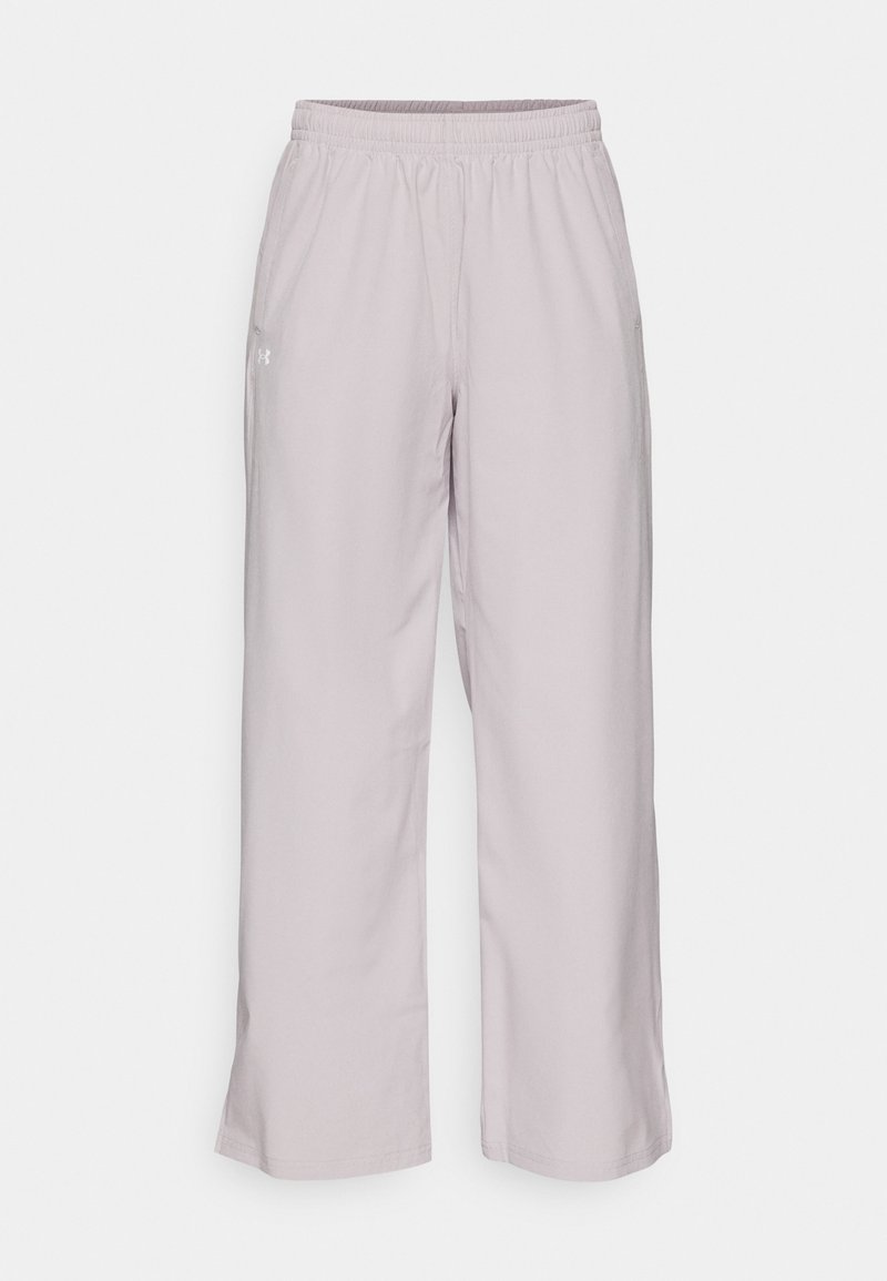 Helle graue, weit geschnittene Hosen mit einem elastischen Bund, zwei seitlichen Taschen und einer glatten Stofftextur. Minimale Branding-Akzent an der Seite.