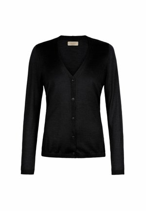 Czarny kardigan z długim rękawem i dekoltem w kształcie litery V, zapinany na pięć guzików z przodu, wykonany z delikatnej dzianiny.