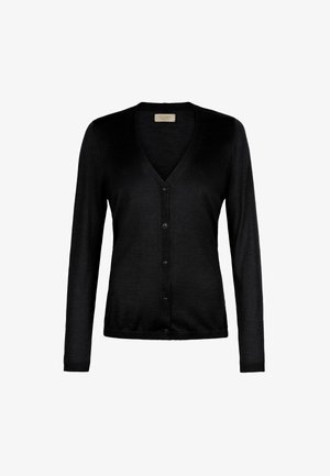 Sort V-hals cardigan med lange ærmer og fem knapper foran, lavet af fin strikket stof.