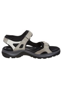Sandals with grey, black, and white synthetic material. Open design, adjustable straps, and contoured sole for comfort and support.