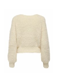 Krótki sweter z długim rękawem wykonany z miękkiej, puszystej kremowej tkaniny o fakturowanej powierzchni i ściągaczowych mankietach, z prostym, okrągłym dekoltem.
