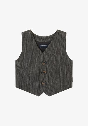 Grijze visgraat vest met een V-hals, drie bruine knopen en een zachte binnenvoering. Eenvoudig ontwerp voor kinderen van 6-12 maanden.