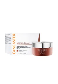 Lancaster 365 Skin Repair ögonkräm i en rund, rödbrun burk med ett silverreflekterande lock, åtföljd av en vit låda med orange text.