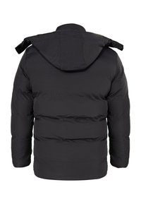 Sort isoleret pufferjakke med hætte, quiltet design og elastiske manchetter. Bagpå har den en glat tekstur og en let cropped pasform.