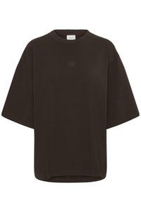 Dark brown oversized short-sleeve t-shirt with round neck and small centered embroidered logo on the chest.