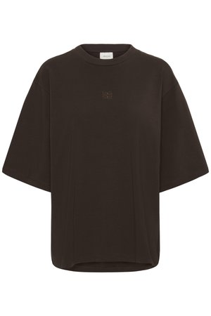 Dark brown oversized short-sleeve t-shirt with round neck and small centered embroidered logo on the chest.