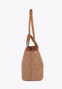 Brown patterned tote bag with woven texture, featuring a tapered shape, two shoulder straps, and contrast stitching accents.