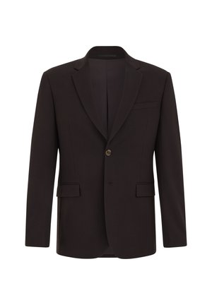 Black suit jacket with a notched lapel, single button closure, two front pocket flaps, and a sleek, smooth texture.