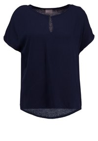 Top blu navy a maniche corte con scollatura rotonda e un piccolo dettaglio a forma di chiave davanti. Tessuto morbido e leggero con una vestibilità rilassata.